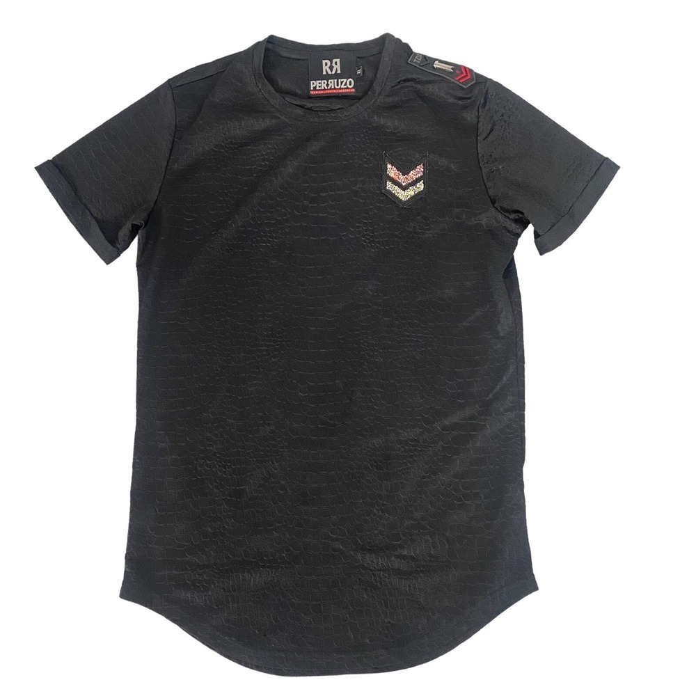 PERRUZO Men Short Sleeve Faux Snake Skin Tee Shirt Sz XL Black Casual‎ 7A-9